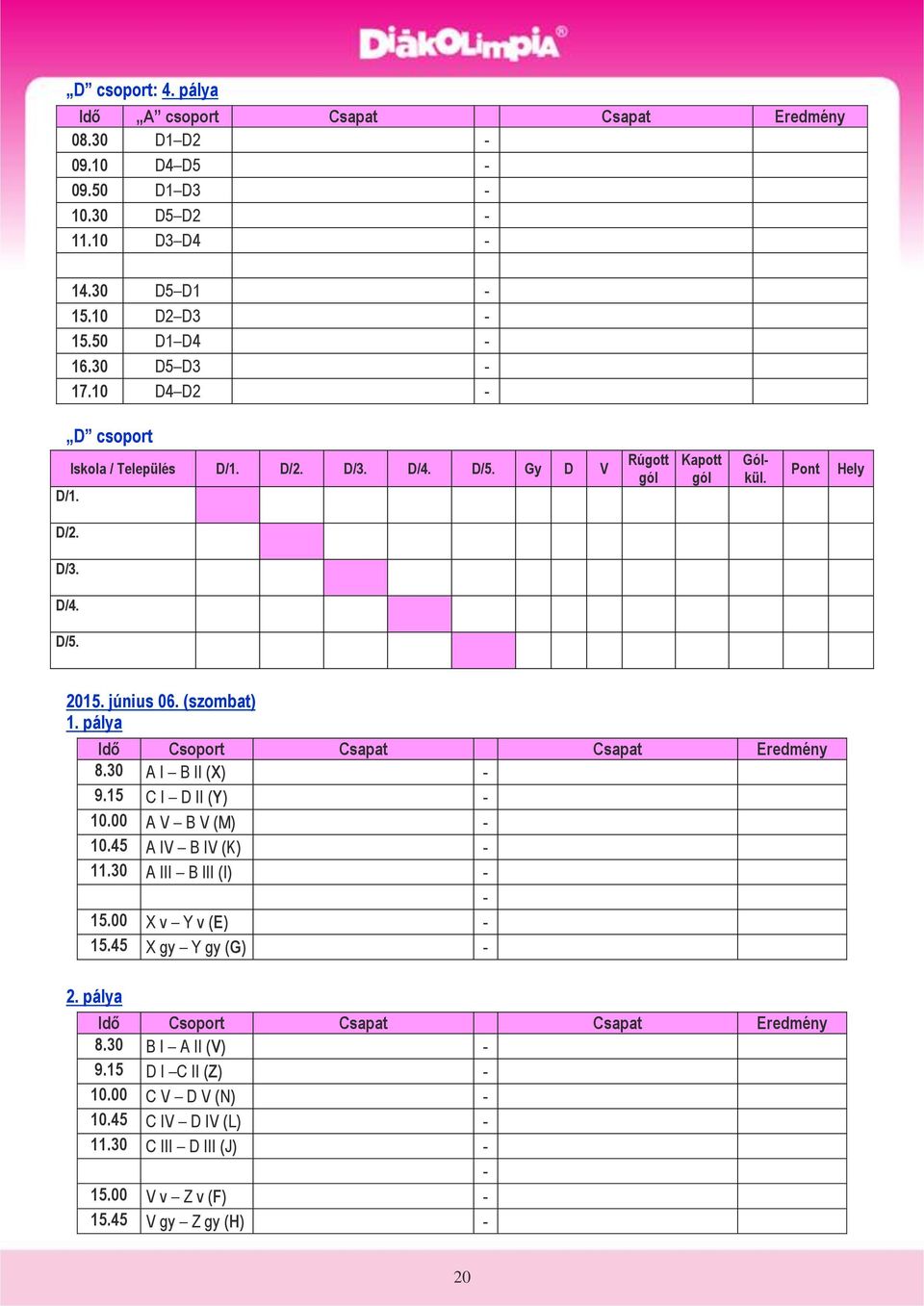 pálya Idő Csoport Csapat Csapat Eredmény 8.30 A I B II (X) - 9.15 C I D II (Y) - 10.00 A V B V (M) - 10.45 A IV B IV (K) - 11.30 A III B III (I) - - 15.00 X v Y v (E) - 15.