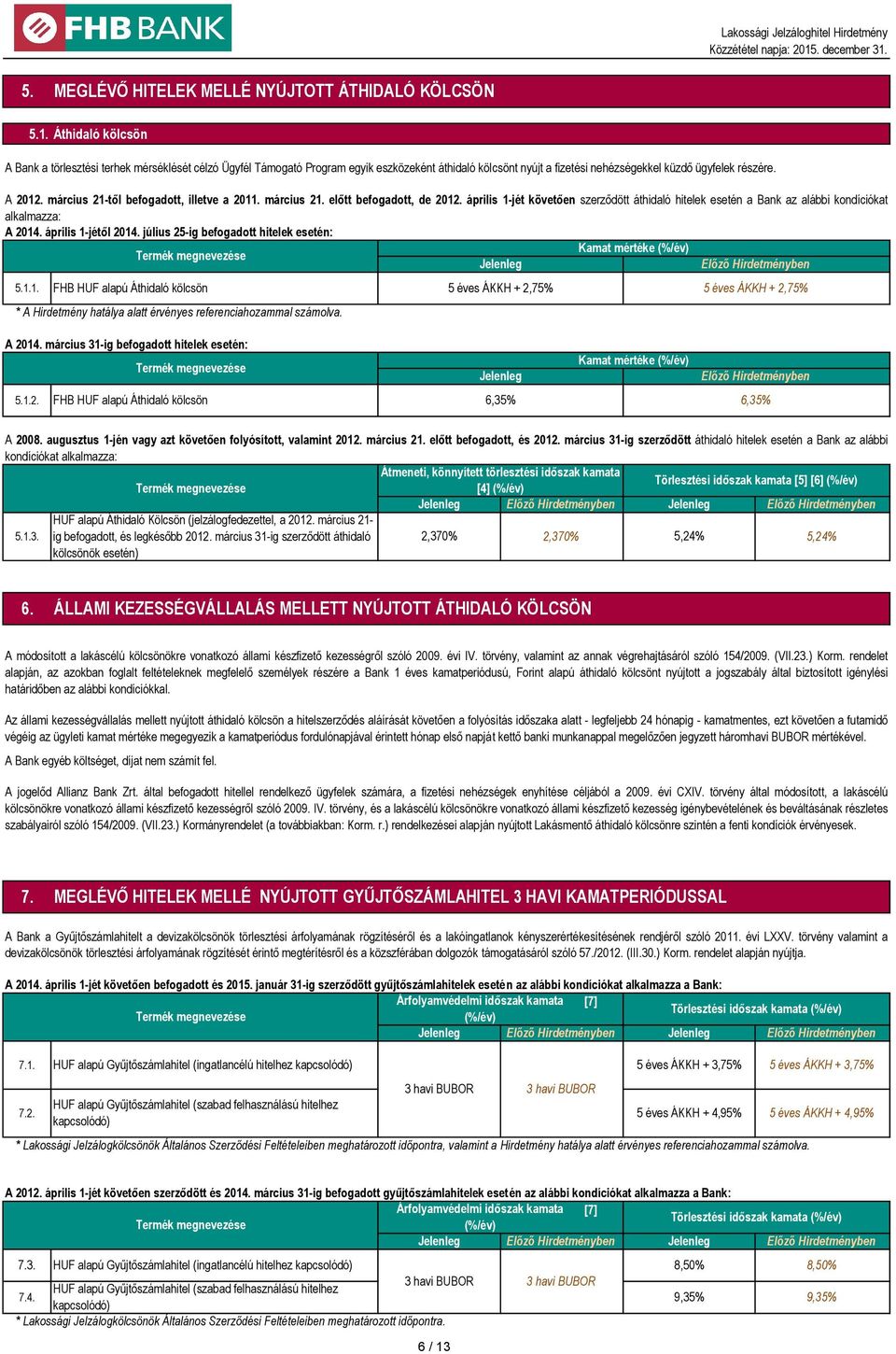 március 21-től befogadott, illetve a 2011. március 21. előtt befogadott, de 2012. április 1-jét követően szerződött áthidaló hitelek esetén a Bank az alábbi kondíciókat alkalmazza: A 2014.