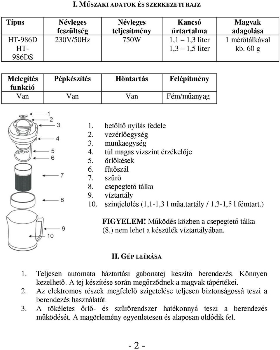 szűrő 8. csepegtető tálka 9. víztartály 10. szintjelölés (1,1-1,3 l műa.tartály / 1,3-1,5 l fémtart.) FIGYELEM! Működés közben a csepegtető tálka (8.) nem lehet a készülék víztartályában. II.