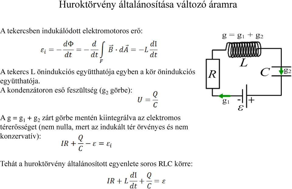 A kondenzátoron eső feszültség (g 2 görbe): A g = g 1 + g 2 zárt görbe mentén kiintegrálva az