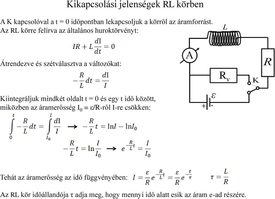 mindkét oldalt t = 0 és egy t idő között, miközben az áramerősség I 0 = ε/r-ről I-re csökken: Tehát az