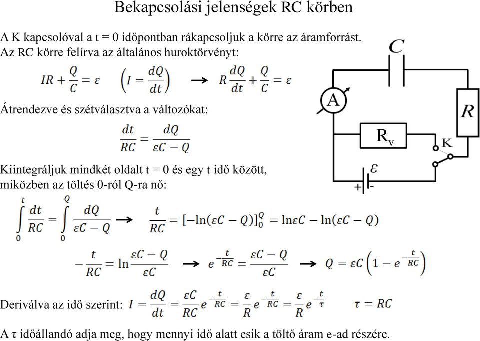 Az RC körre felírva az általános huroktörvényt: Átrendezve és szétválasztva a változókat: R v