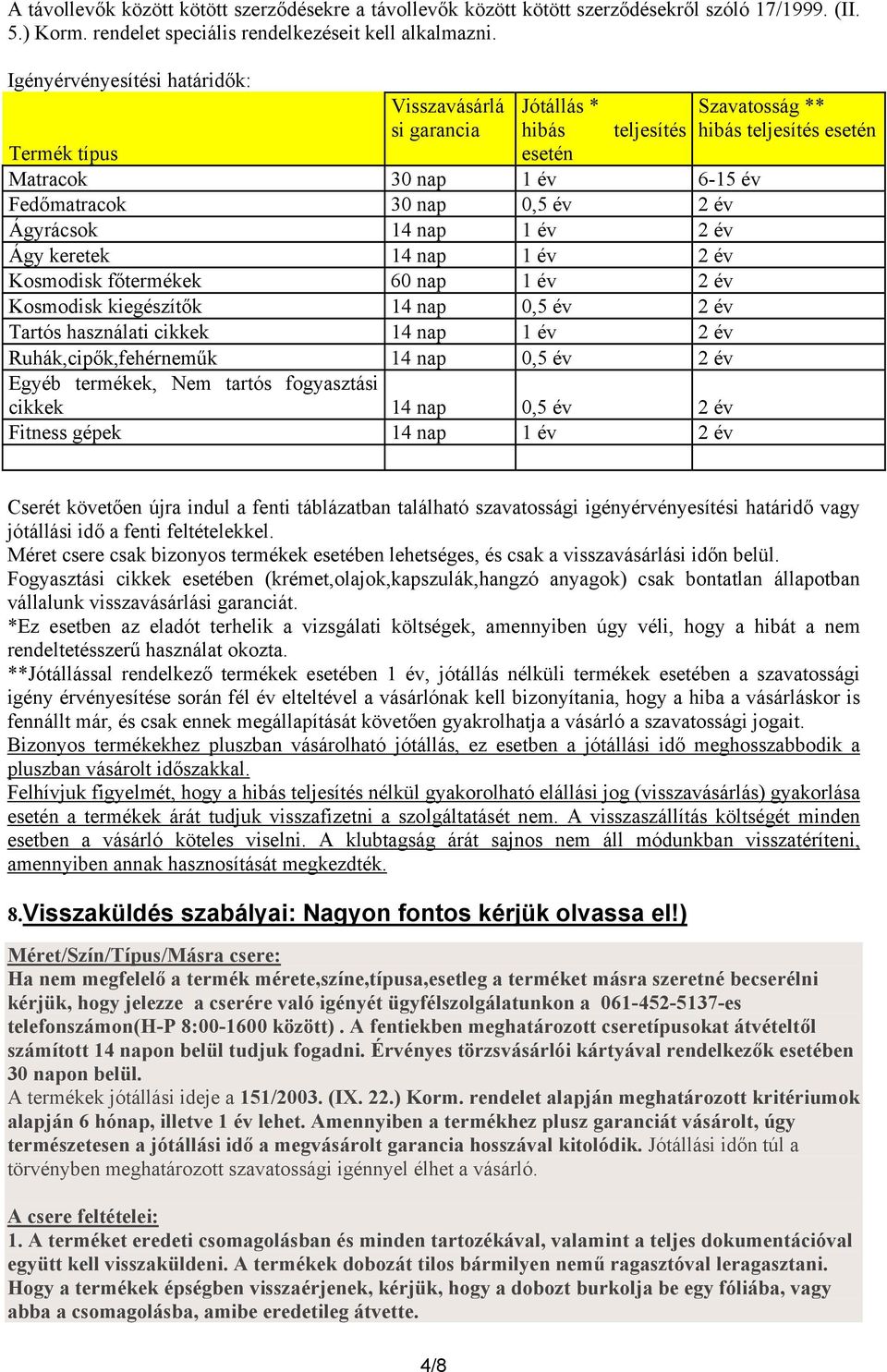 2 év Ágyrácsok 14 nap 1 év 2 év Ágy keretek 14 nap 1 év 2 év Kosmodisk főtermékek 60 nap 1 év 2 év Kosmodisk kiegészítők 14 nap 0,5 év 2 év Tartós használati cikkek 14 nap 1 év 2 év