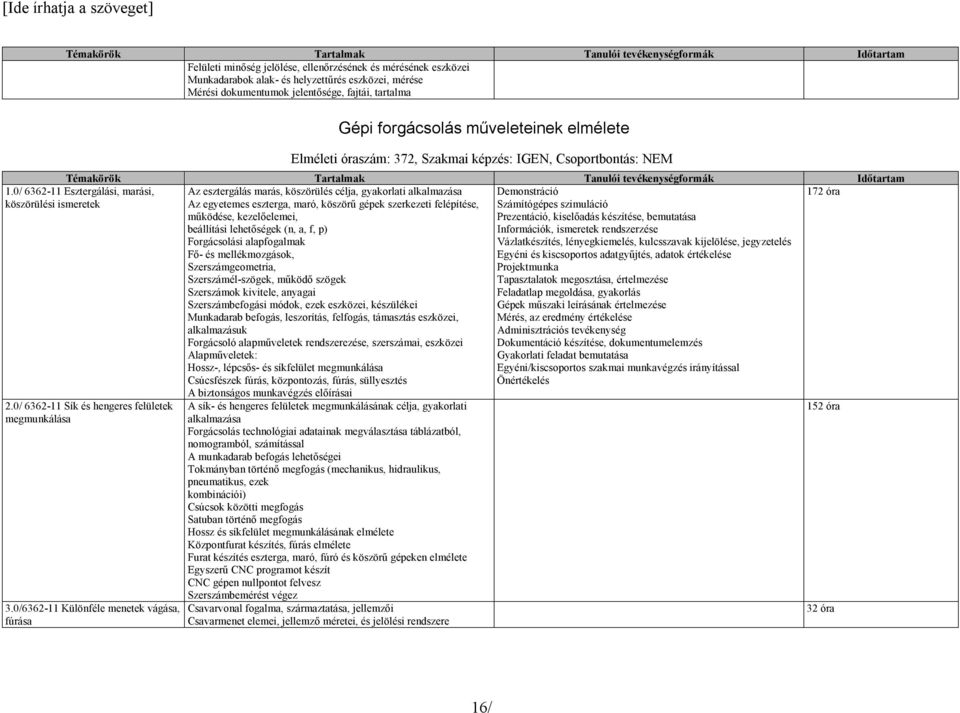 0/ 6362-11 Esztergálási, marási, köszörülési ismeretek Az esztergálás marás, köszörülés célja, gyakorlati alkalmazása Az egyetemes eszterga, maró, köszörű gépek szerkezeti felépítése, működése,