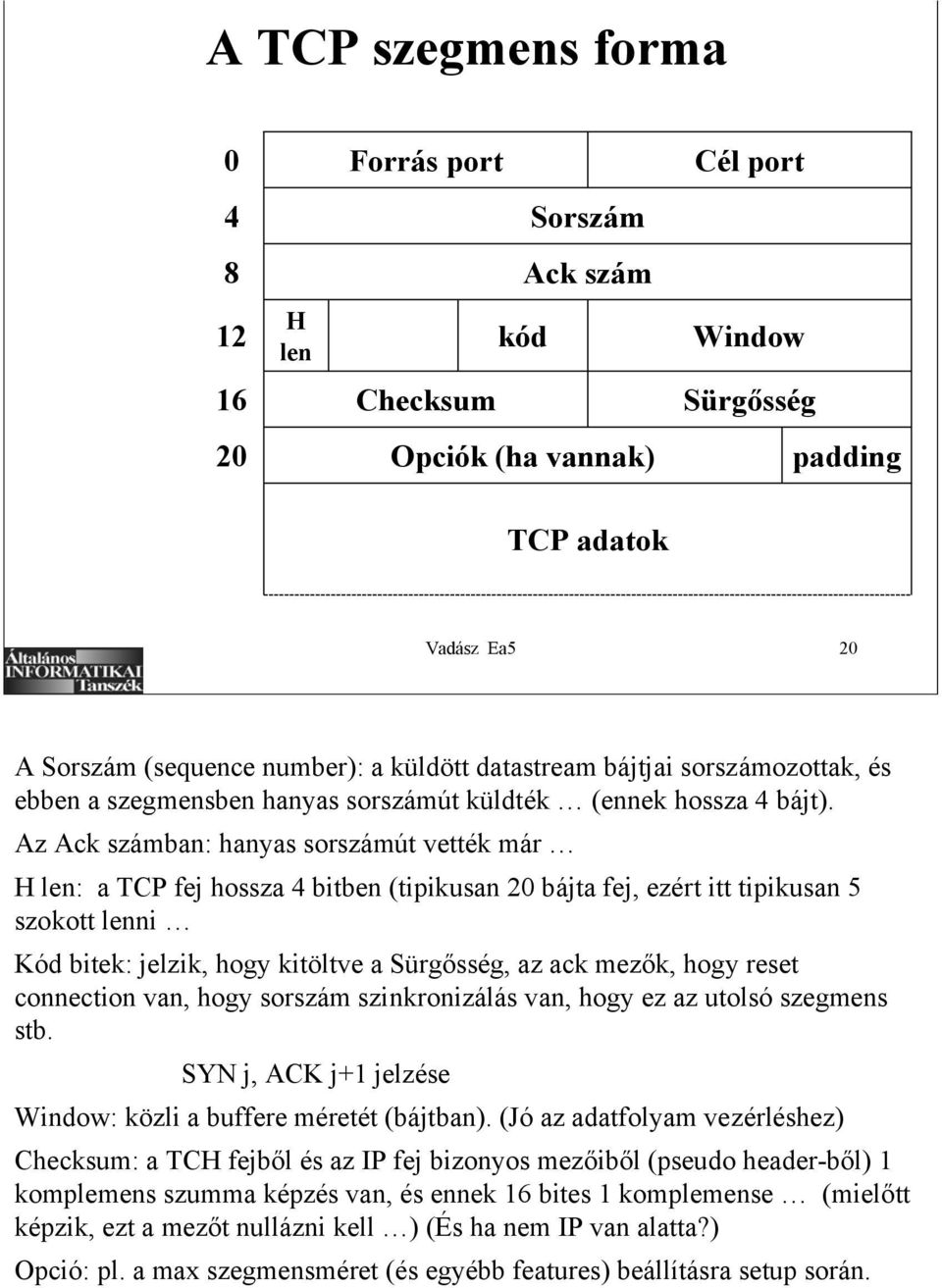 Az Ack számban: hanyas sorszámút vették már H len: a TCP fej hossza 4 bitben (tipikusan 20 bájta fej, ezért itt tipikusan 5 szokott lenni Kód bitek: jelzik, hogy kitöltve a Sürgősség, az ack mezők,