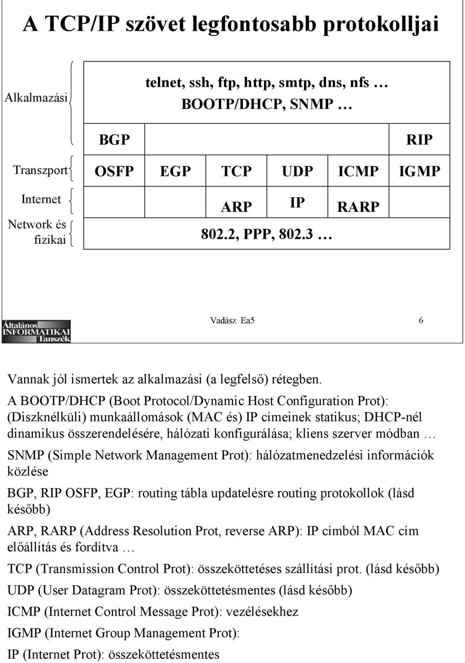 A BOOTP/DHCP (Boot Protocol/Dynamic Host Configuration Prot): (Diszknélküli) munkaállomások (MAC és) IP címeinek statikus; DHCP-nél dinamikus összerendelésére, hálózati konfigurálása; kliens szerver