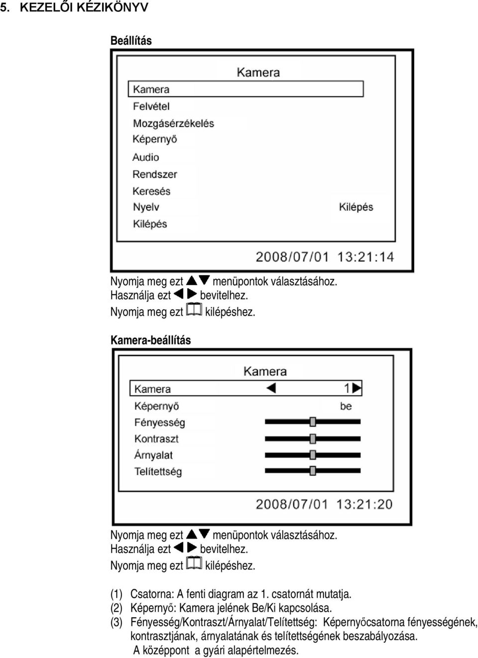 (1) Csatorna: A fenti diagram az 1. csatornát mutatja. (2) Képernyő: Kamera jelének Be/Ki kapcsolása.