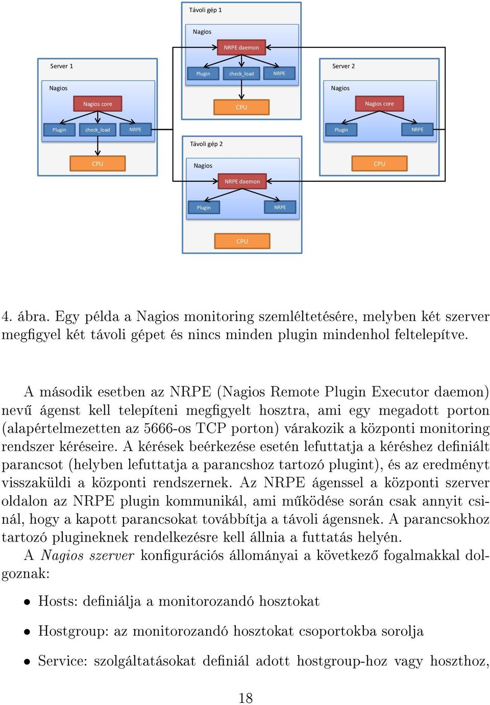 A második esetben az NRPE (Nagios Remote Plugin Executor daemon) nev ágenst kell telepíteni meggyelt hosztra, ami egy megadott porton (alapértelmezetten az 5666-os TCP porton) várakozik a központi