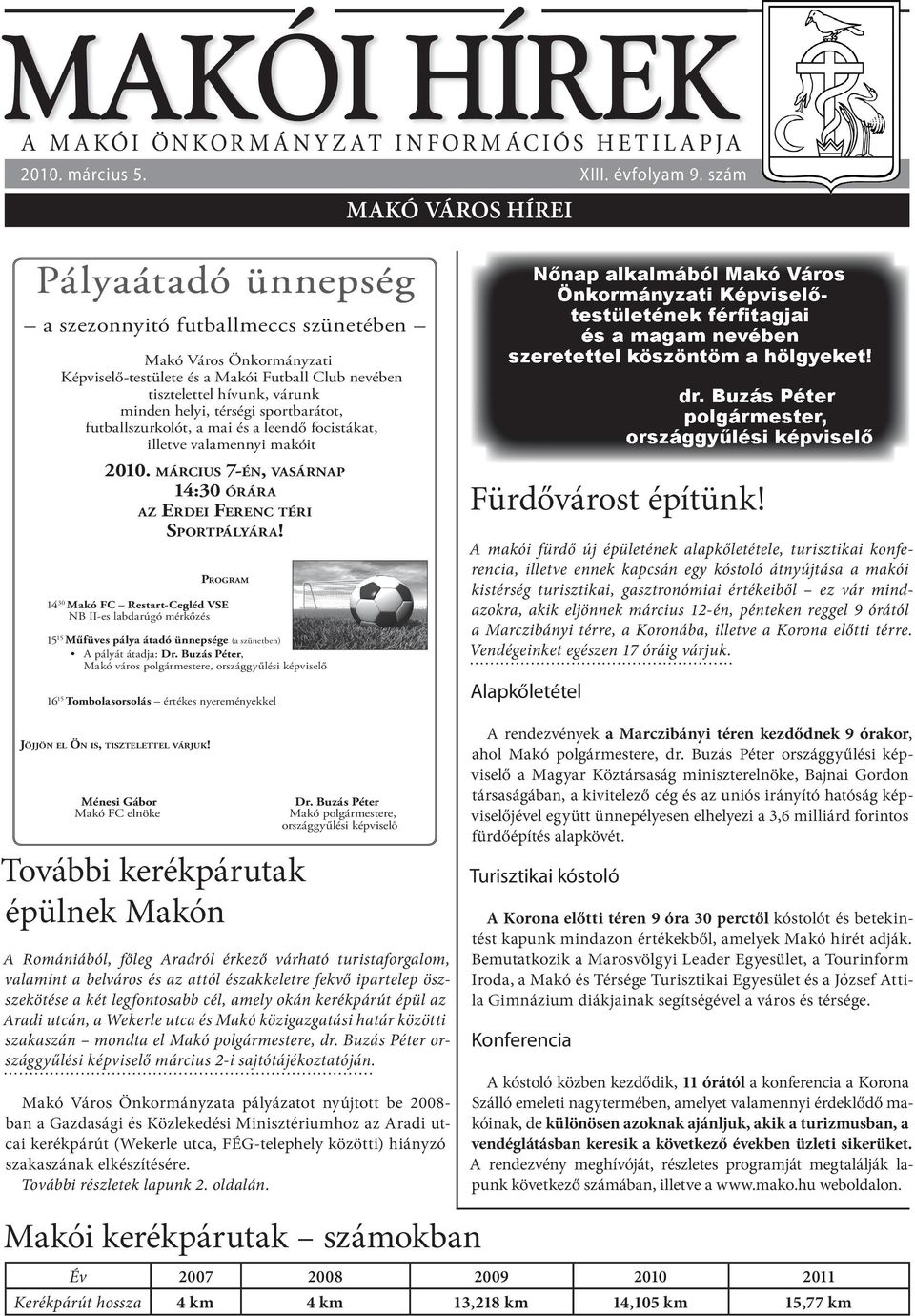 sportbarátot, futballszurkolót, a mai és a leendő focistákat, illetve valamennyi makóit 2010. március 7-én, vasárnap 14:30 órára az ErdEi FErEnc téri sportpályára!