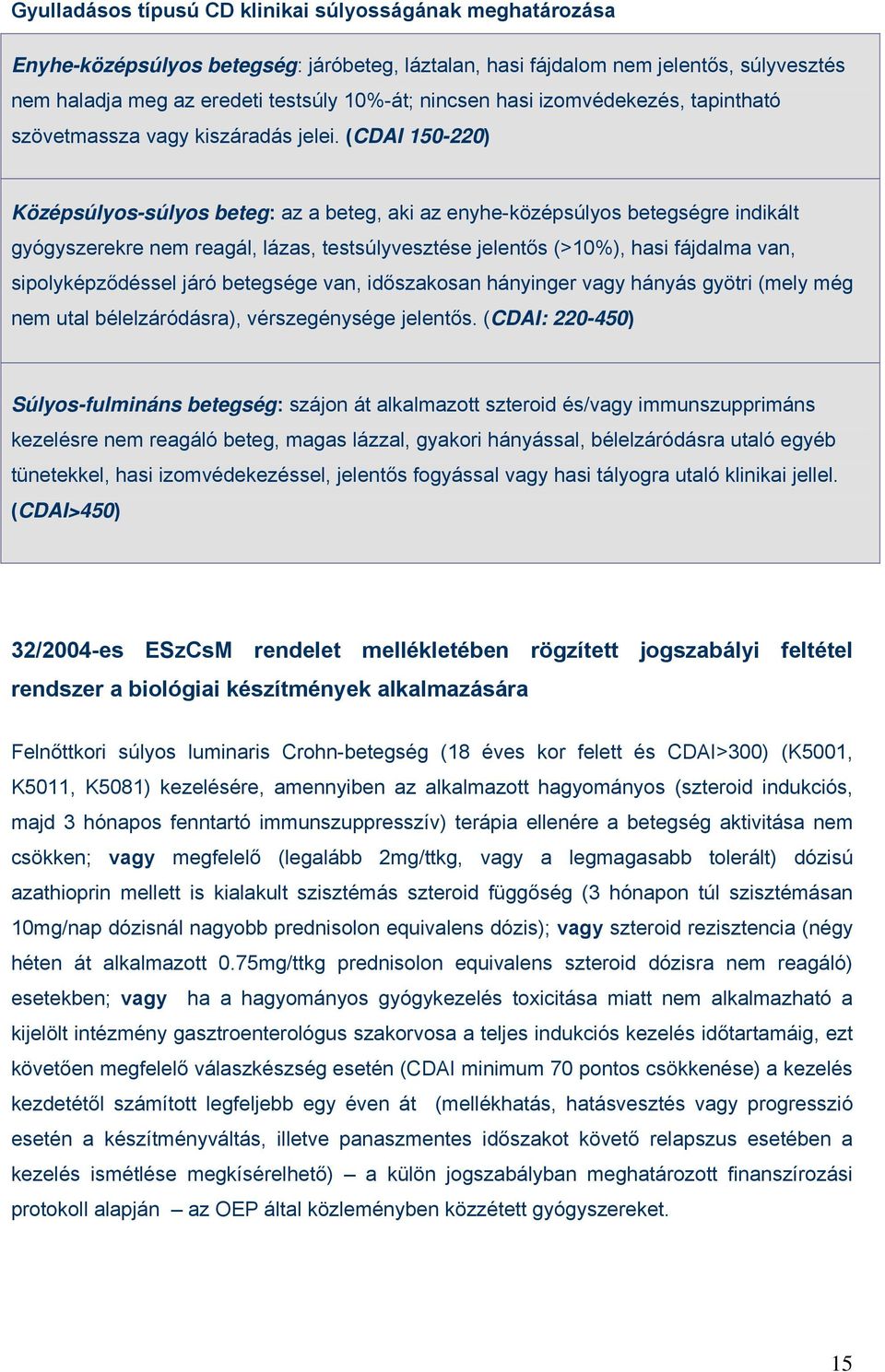 (CDAI 150-220) Középsúlyos-súlyos beteg: az a beteg, aki az enyhe-középsúlyos betegségre indikált gyógyszerekre nem reagál, lázas, testsúlyvesztése jelentős (>10%), hasi fájdalma van,