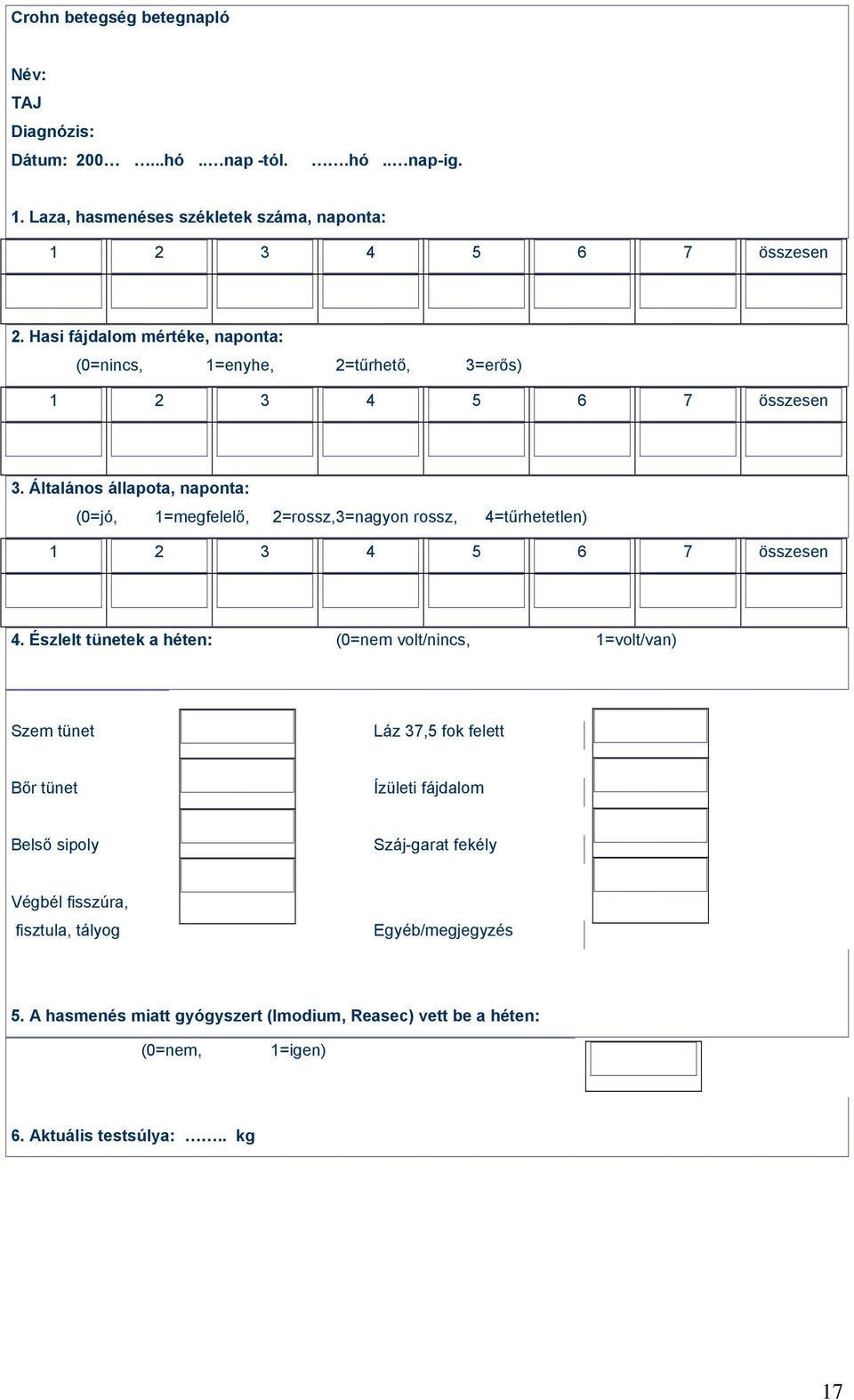 Általános állapota, naponta: (0=jó, 1=megfelelő, 2=rossz, 3=nagyon rossz, 4=tűrhetetlen) 1 2 3 4 5 6 7 összesen 4.