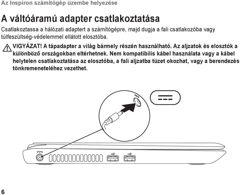 A tápadapter a világ bármely részén használható. Az aljzatok és elosztók a különböző országokban eltérhetnek.