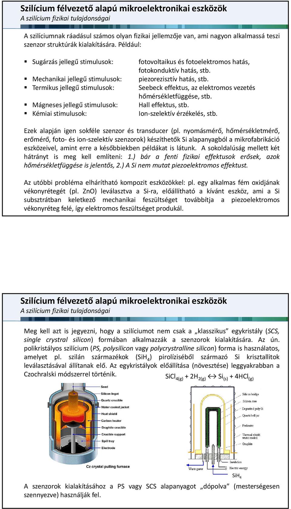 hatás, stb. piezorezisztív hatás, stb. Seebeck effektus, az elektromos vezetés hőmérsékletfüggése, stb. Hall effektus, stb. Ion szelektív érzékelés, stb.