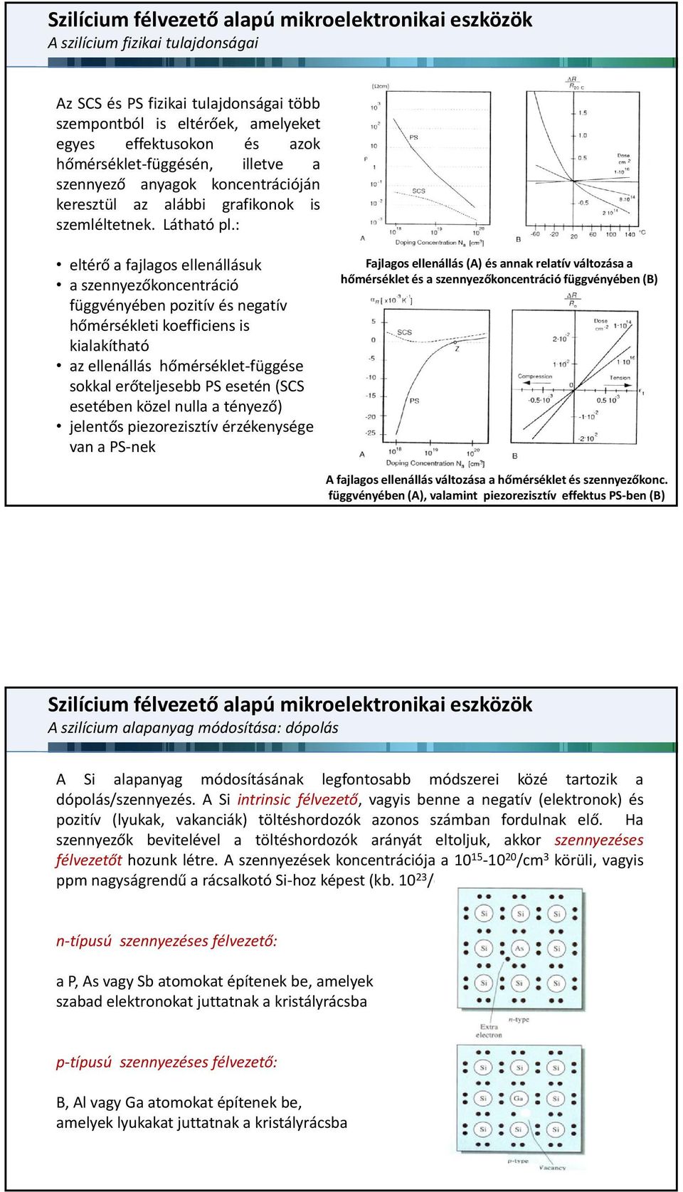: eltérő a fajlagos ellenállásuk a szennyezőkoncentráció függvényében pozitív és negatív hőmérsékleti koefficiens is kialakítható az ellenállás hőmérséklet függése sokkal erőteljesebb PS esetén (SCS