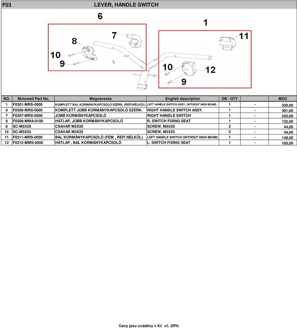 1-381,00 7 F0307-MRS-0000 JOBB KORMÁNYKAPCSOLÓ RIGHT HANDLE SWITCH 1-220,00 8 F0308-MMA-0100 HÁTLAP, JOBB KORMÁNYKAPCSOLÓ R.