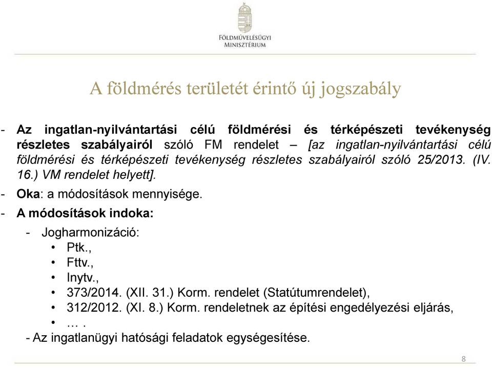 ) VM rendelet helyett]. - Oka: a módosítások mennyisége. - A módosítások indoka: - Jogharmonizáció: Ptk., Fttv., Inytv., 373/2014. (XII. 31.