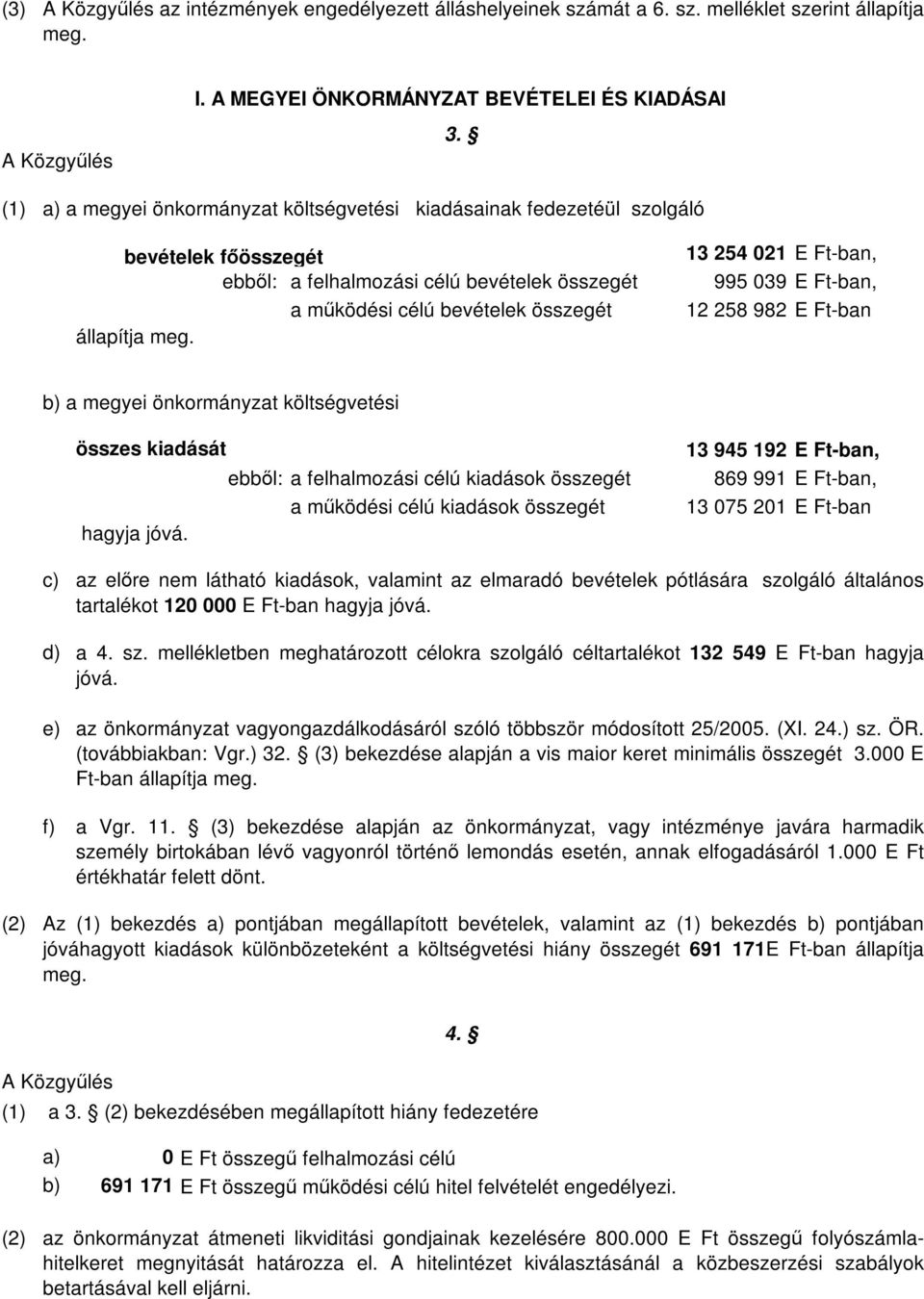 13 254 021 E Ft-ban, 995 039 E Ft-ban, 12 258 982 E Ft-ban b) a megyei önkormányzat költségvetési összes kiadását ebbıl: a felhalmozási célú kiadások összegét a mőködési célú kiadások összegét hagyja