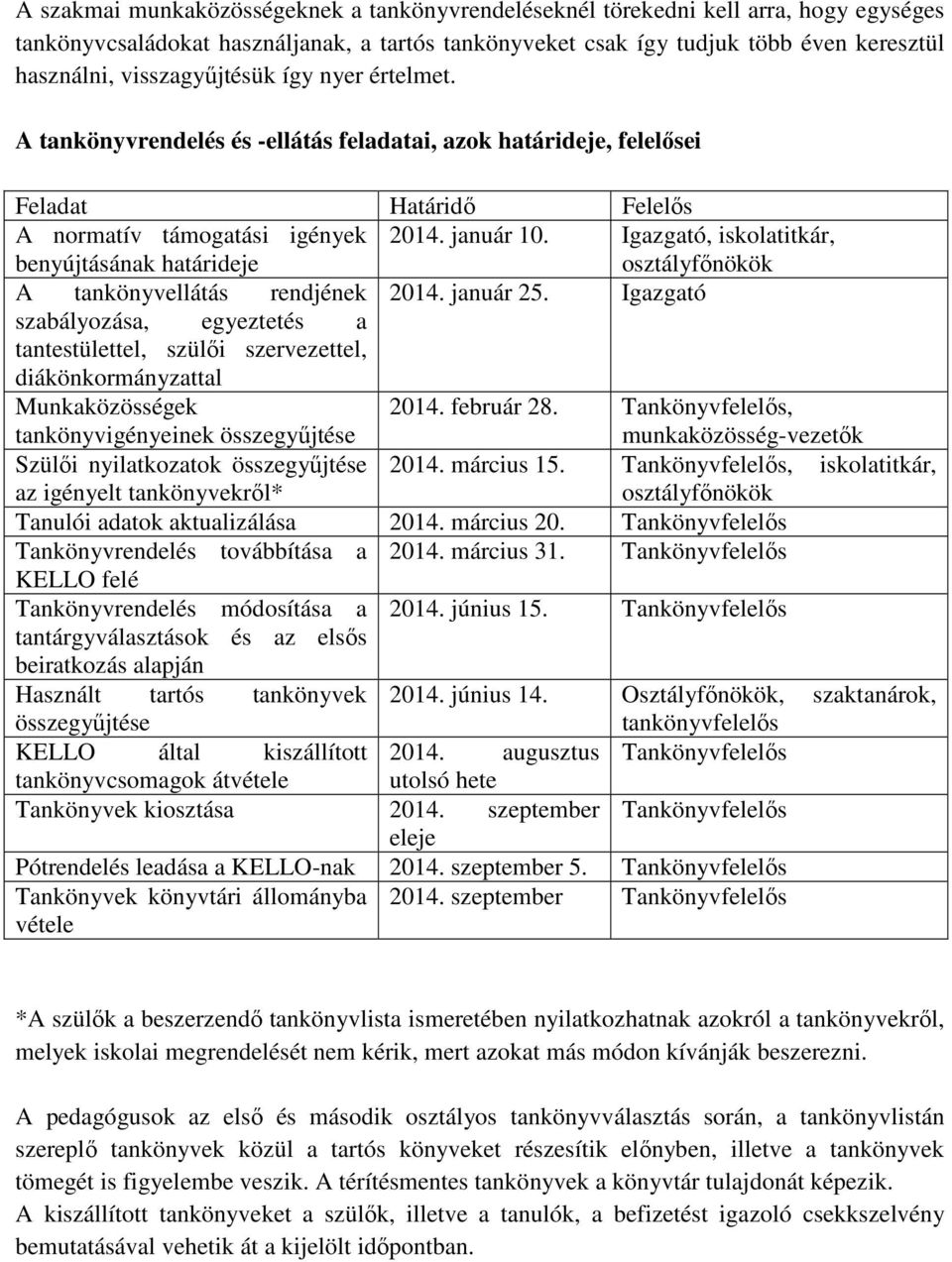 Igazgató, iskolatitkár, osztályfőnökök A tankönyvellátás rendjének 2014. január 25.