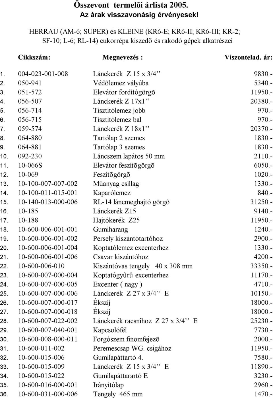 004-023-001-008 Lánckerék Z 15 x 3/4 9830.- 2. 050-941 Védõlemez vályúba 5340.- 3. 051-572 Elevátor fordítógörgõ 11950.- 4. 056-507 Lánckerék Z 17x1 20380.- 5. 056-714 Tisztítólemez jobb 970.- 6.