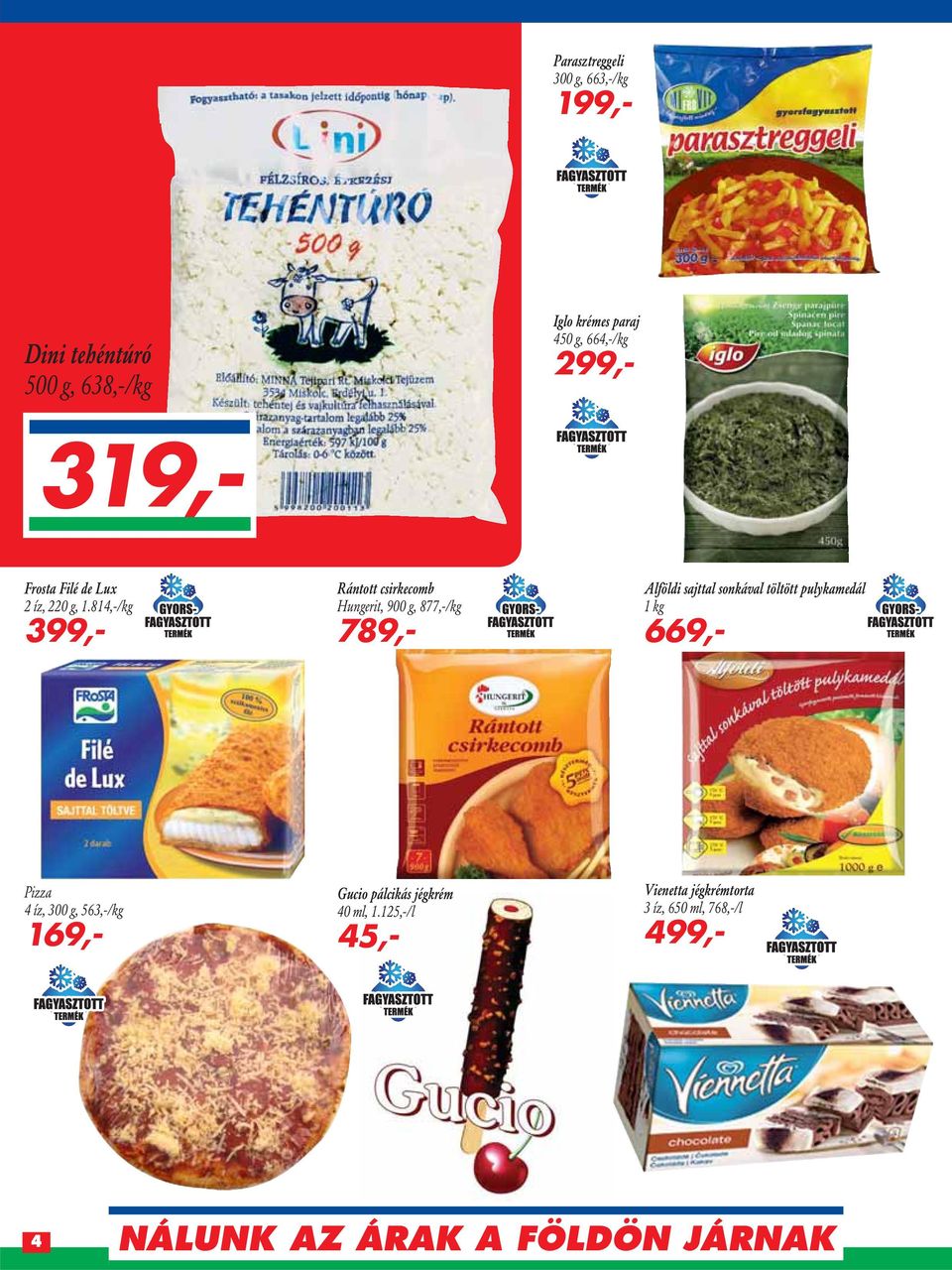 814,-/kg 399,- Rántott csirkecomb Hungerit, 900 g, 877,-/kg 789,- Alföldi sajttal sonkával töltött