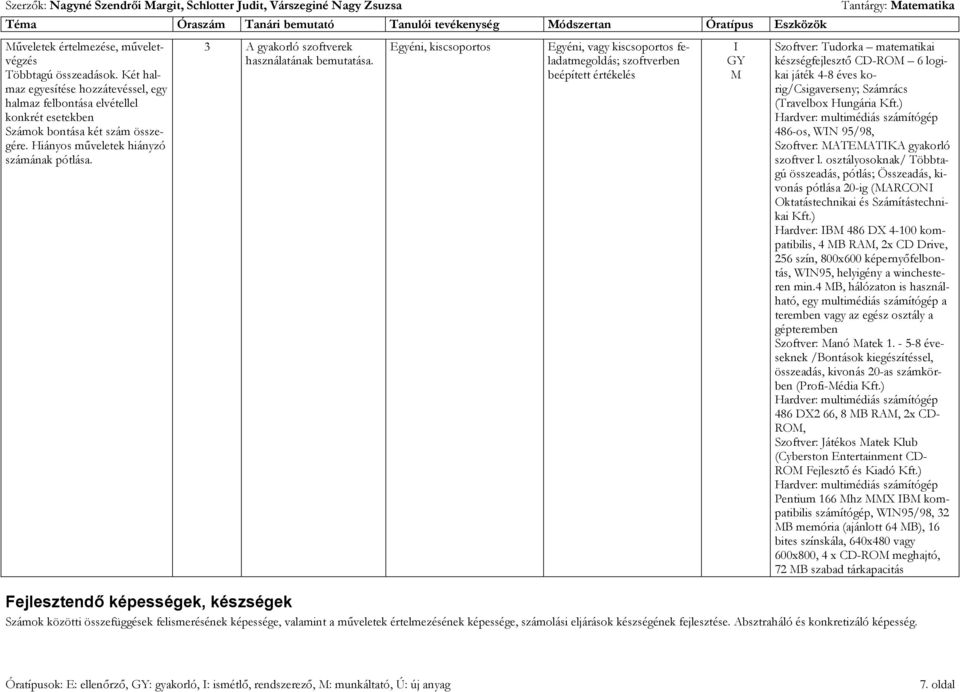 Egyéni, kiscsoportos Egyéni, vagy kiscsoportos feladatmegoldás; szoftverben beépített értékelés I Szoftver: Tudorka matematikai készségfejlesztő CD-RO 6 logikai játék 4-8 éves korig/csigaverseny;