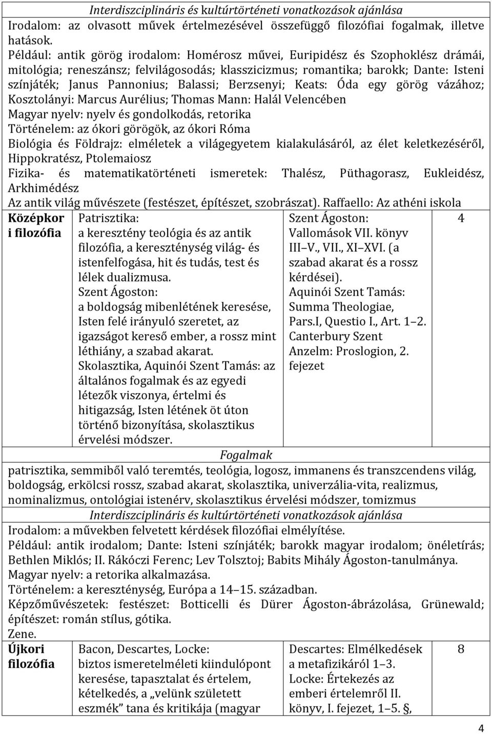 Balassi; Berzsenyi; Keats: Óda egy görög vázához; Kosztolányi: Marcus Aurélius; Thomas Mann: Halál Velencében Magyar nyelv: nyelv és gondolkodás, retorika Történelem: az ókori görögök, az ókori Róma