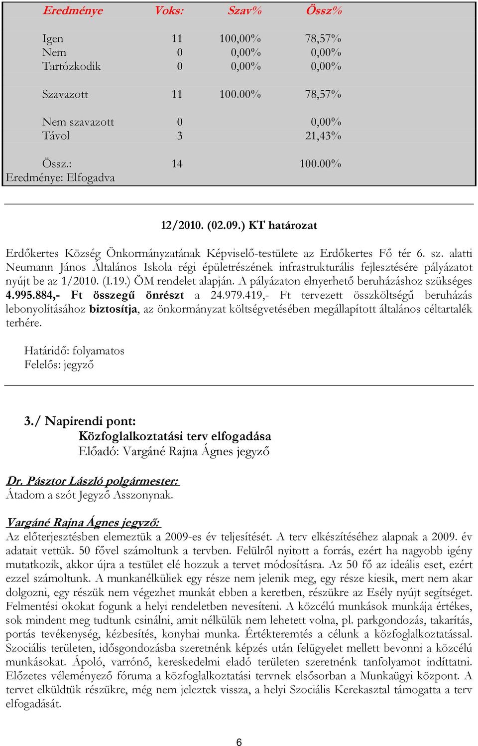 alatti Neumann János Általános Iskola régi épületrészének infrastrukturális fejlesztésére pályázatot nyújt be az 1/2010. (I.19.) ÖM rendelet alapján. A pályázaton elnyerhető beruházáshoz szükséges 4.