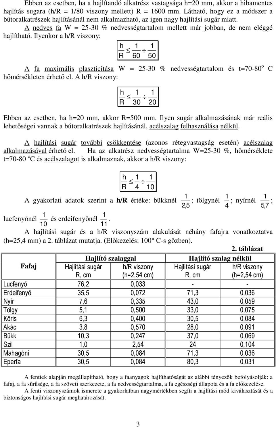 Ilyenkor a h/r viszony: h R 1 60 1 50 A fa maximális plaszticitása W = 5-0 % nedvességtartalom és t=70-80 o C hımérsékleten érhetı el.