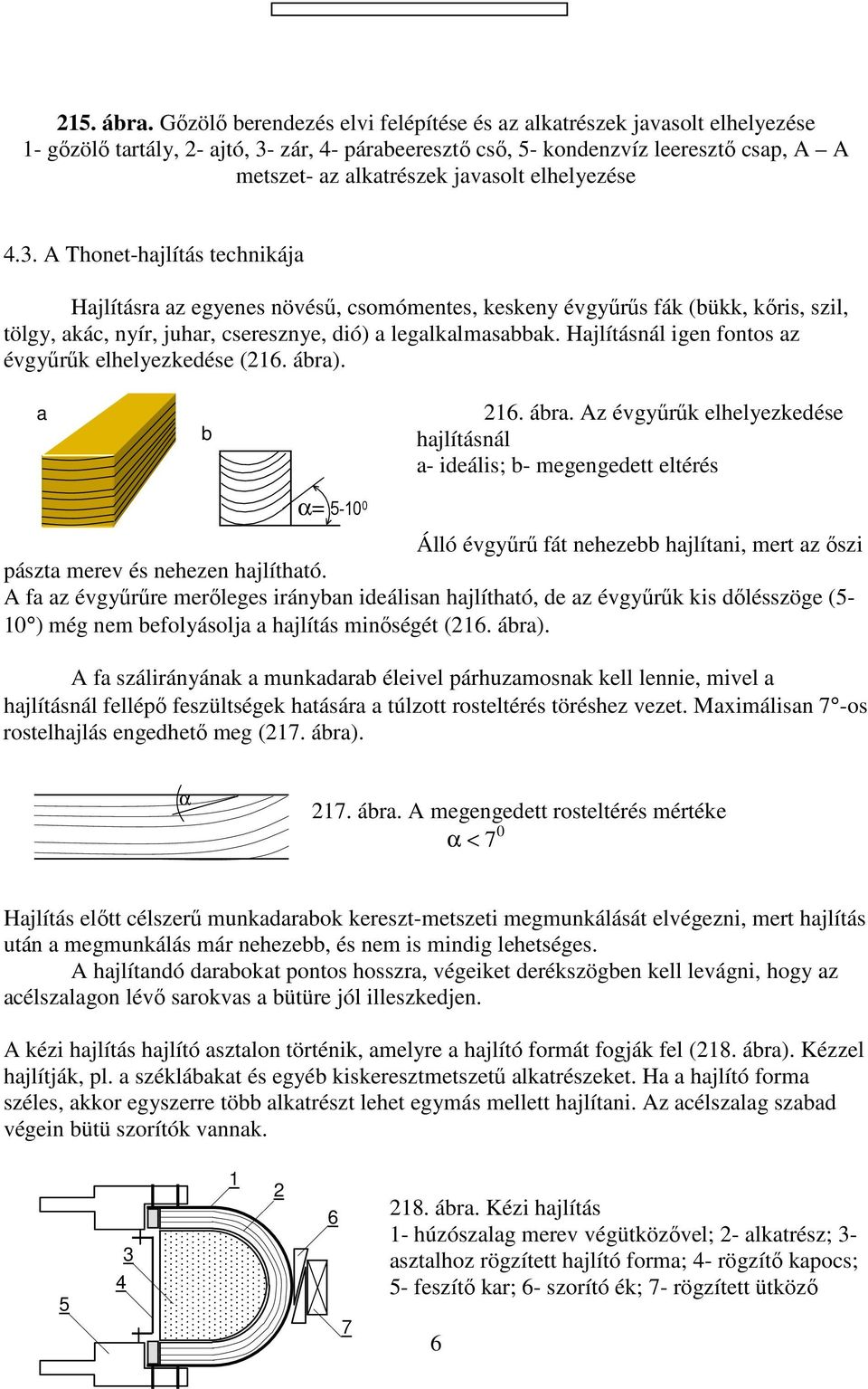 elhelyezése 4.. A Thonet-hajlítás technikája Hajlításra az egyenes növéső, csomómentes, keskeny évgyőrős fák (bükk, kıris, szil, tölgy, akác, nyír, juhar, cseresznye, dió) a legalkalmasabbak.