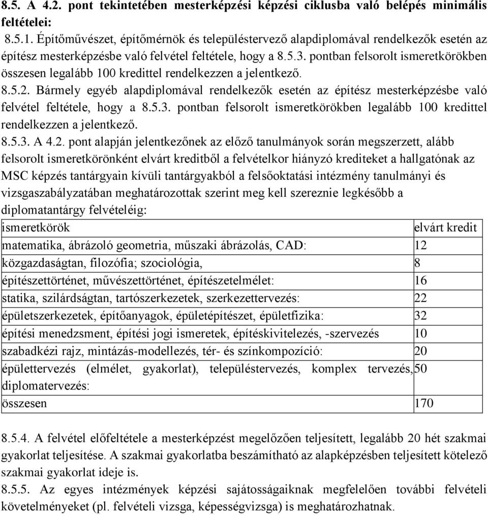 pontban felsorolt ismeretkörökben összesen legalább 100 kredittel rendelkezzen a jelentkező. 8.5.2.