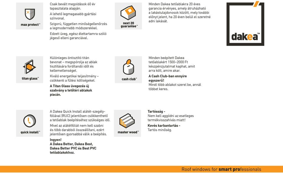Minden Dakea tetőablakra 20 éves garancia érvényes, amely átruházható a lakástulajdonosok között, mely további előnyt jelent, ha 20 éven belül el szeretné adni lakását.