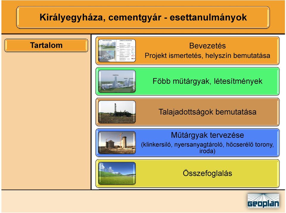 létesítmények Talajadottságok bemutatása Műtárgyak tervezése