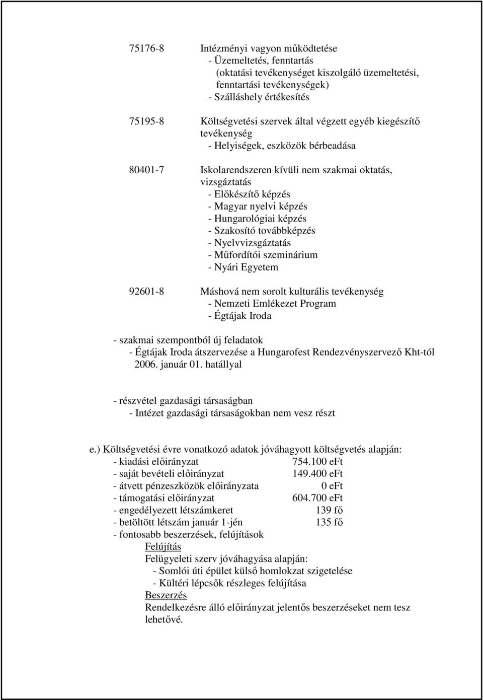 Hungarológiai képzés - Szakosító továbbképzés - Nyelvvizsgáztatás - Mőfordítói szeminárium - Nyári Egyetem 92601-8 Máshová nem sorolt kulturális tevékenység - Nemzeti Emlékezet Program - Égtájak