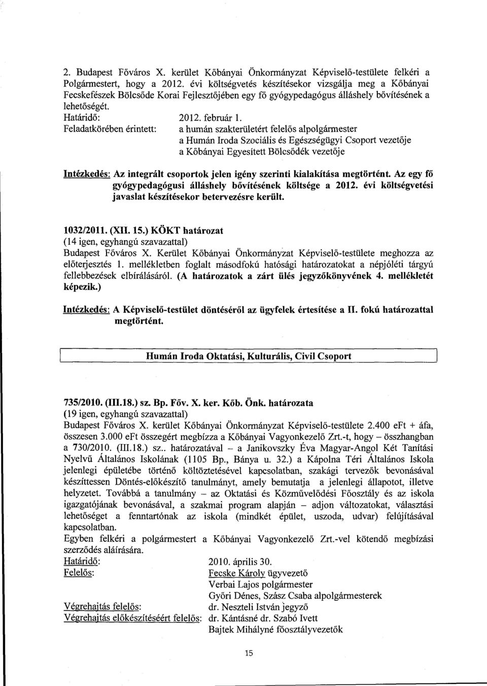 Feladatkörében érintett: a humán szakterületért felelős alpolgármester a Humán Iroda Szociális és Egészségügyi Csoport vezetője a Kőbányai Egyesített Bölcsődék vezetője Intézkedés: Az integrált