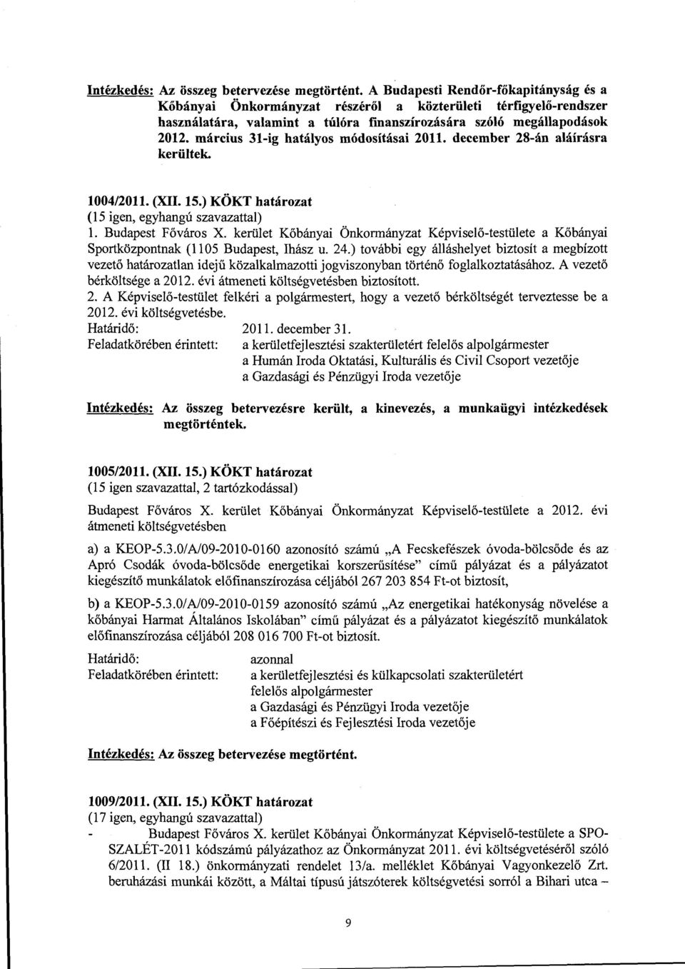 kerület Kőbányai Önkormányzat Képviselő-testülete a Kőbányai Sportközpontnak (1105 Budapest, Ihász u. 24.