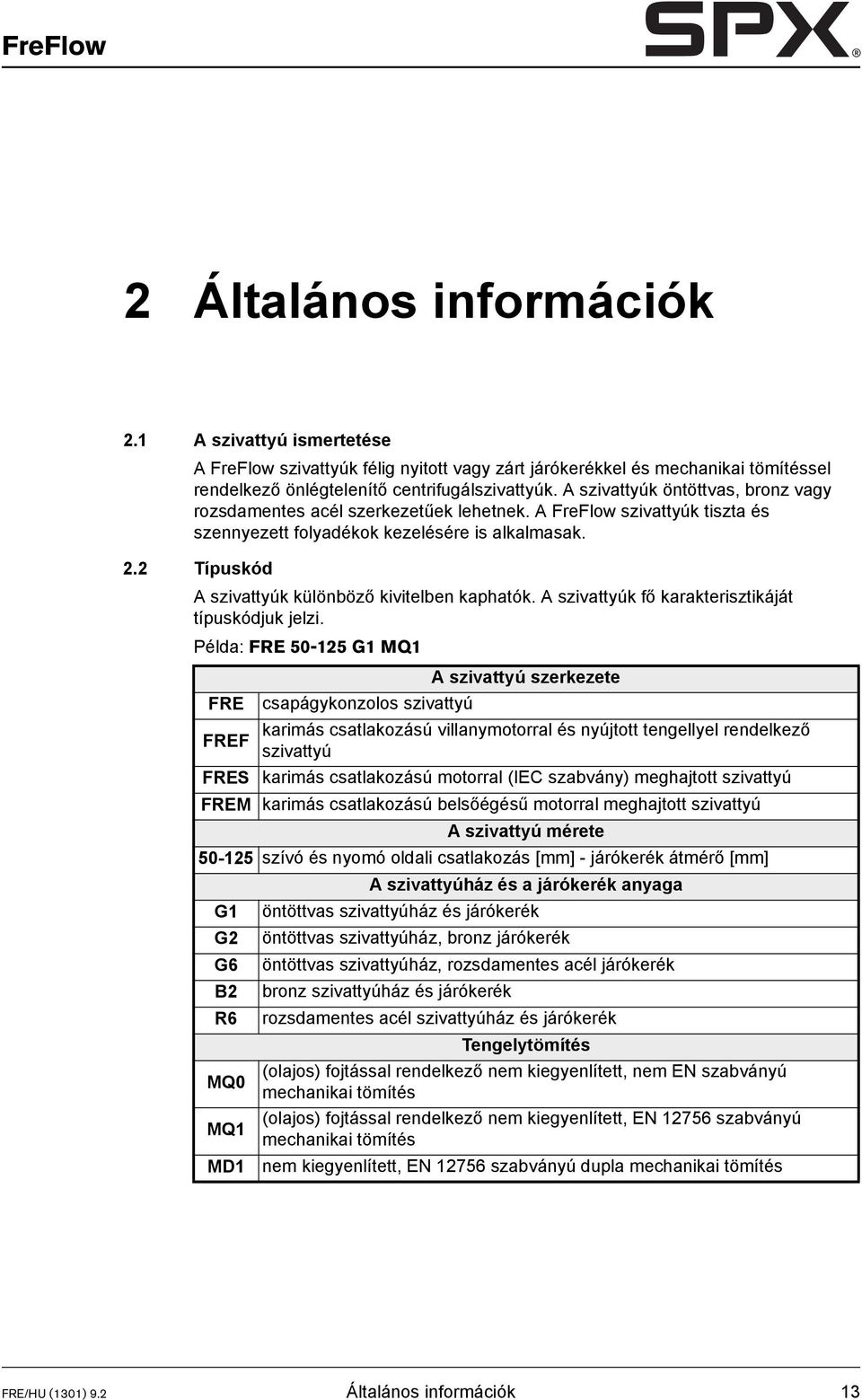 2 Típuskód A szivattyúk különböző kivitelben kaphatók. A szivattyúk fő karakterisztikáját típuskódjuk jelzi.