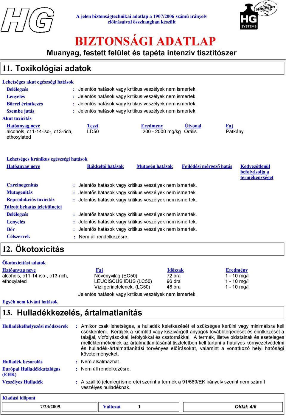 Reprodukciós toxicitás Túlzott behatás jelei/tünetei Belélegzés Lenyelés Bőr Célszervek 12. Ökotoxicitás Ökotoxicitási adatok alcohols, c1114iso, c13rich, ethoxylated Egyéb nem kívánt hatások 13.