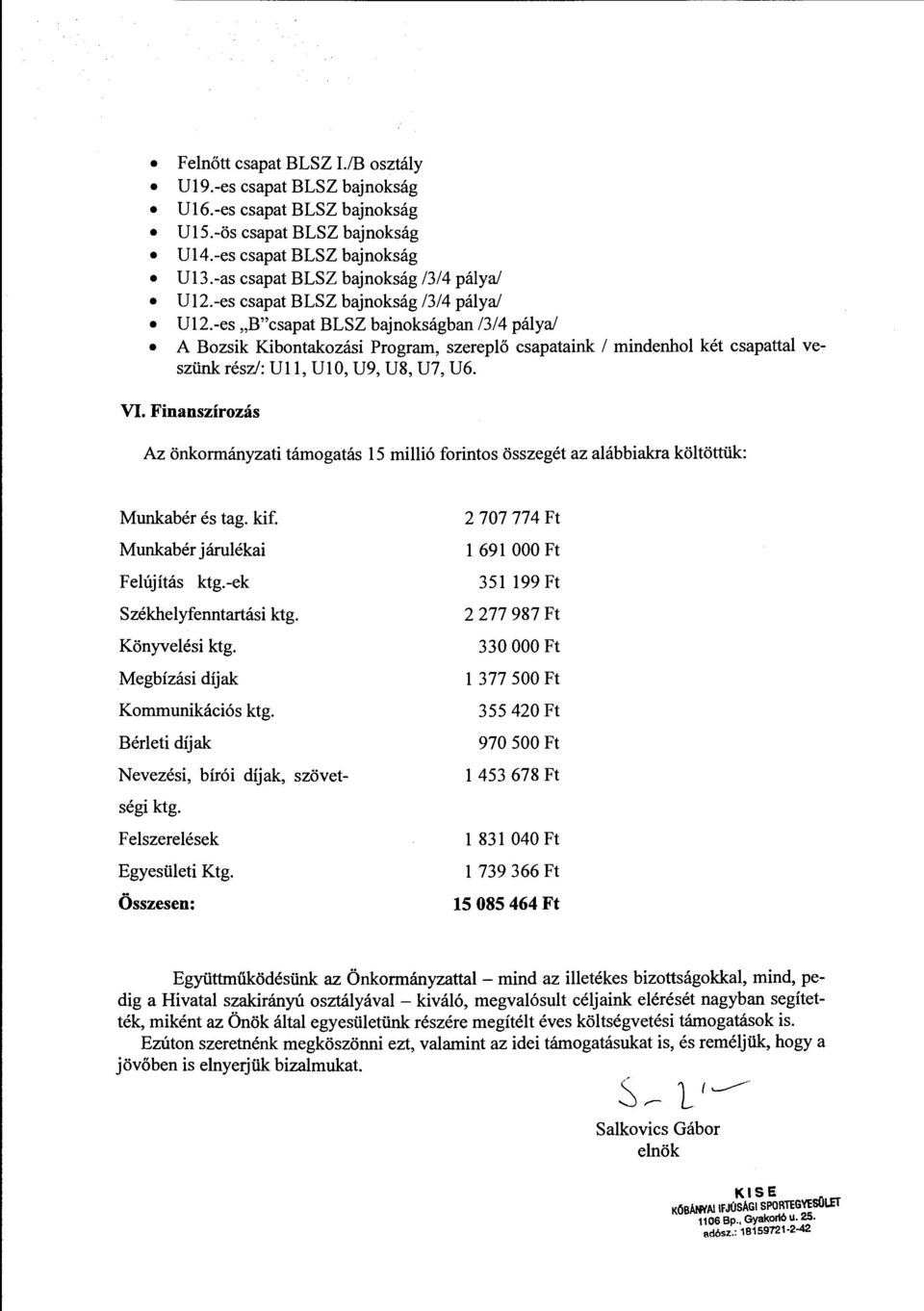 -es "B"csapat BLSZ bajnokságban /3/4 pálya/ A Bozsik Kibontakozási Program, szereplő csapataink l mindenhol két csapattal veszünk rész/: Ul l, UIO, U9, U8, U7, U6. VI.