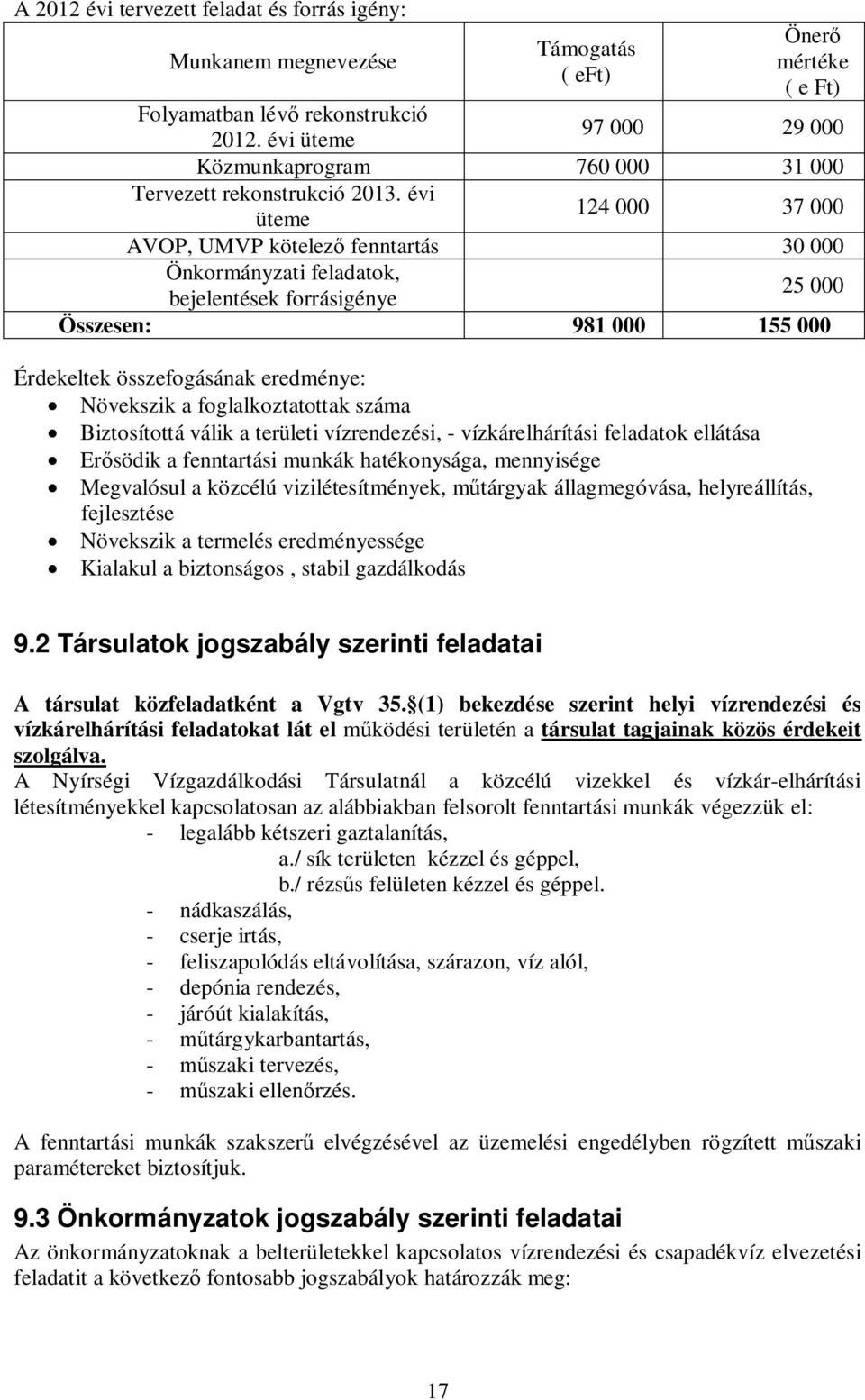 évi üteme 124 000 37 000 AVOP, UMVP kötelező fenntartás 30 000 Önkormányzati feladatok, bejelentések forrásigénye 25 000 Összesen: 981 000 155 000 Érdekeltek összefogásának eredménye: Növekszik a