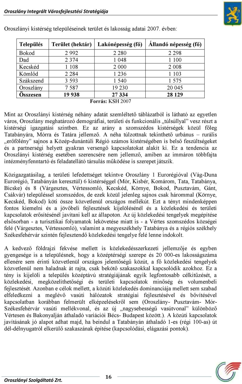 Oroszlány 7 587 19 230 20 045 Összesen 19 938 27 334 28 129 Forrás: KSH 2007 Mint az Oroszlányi kistérség néhány adatát szemléltető táblázatból is látható az egyetlen város, Oroszlány meghatározó