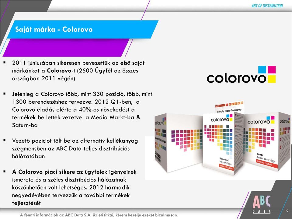 2012 Q1-ben, a Colorovo eladás elérte a 40%-os növekedést a termékek be lettek vezetve a Media Markt-ba & Saturn-ba Vezető poziciót tölt be az alternatív
