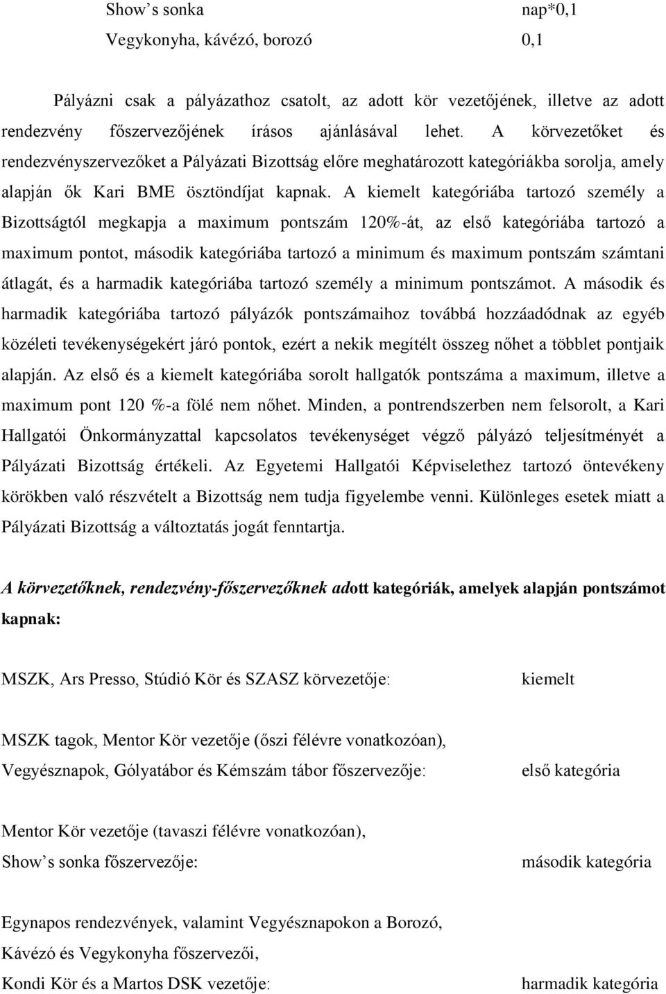 A kiemelt kategóriába tartozó személy a Bizottságtól megkapja a maximum pontszám 120%-át, az első kategóriába tartozó a maximum pontot, második kategóriába tartozó a minimum és maximum pontszám