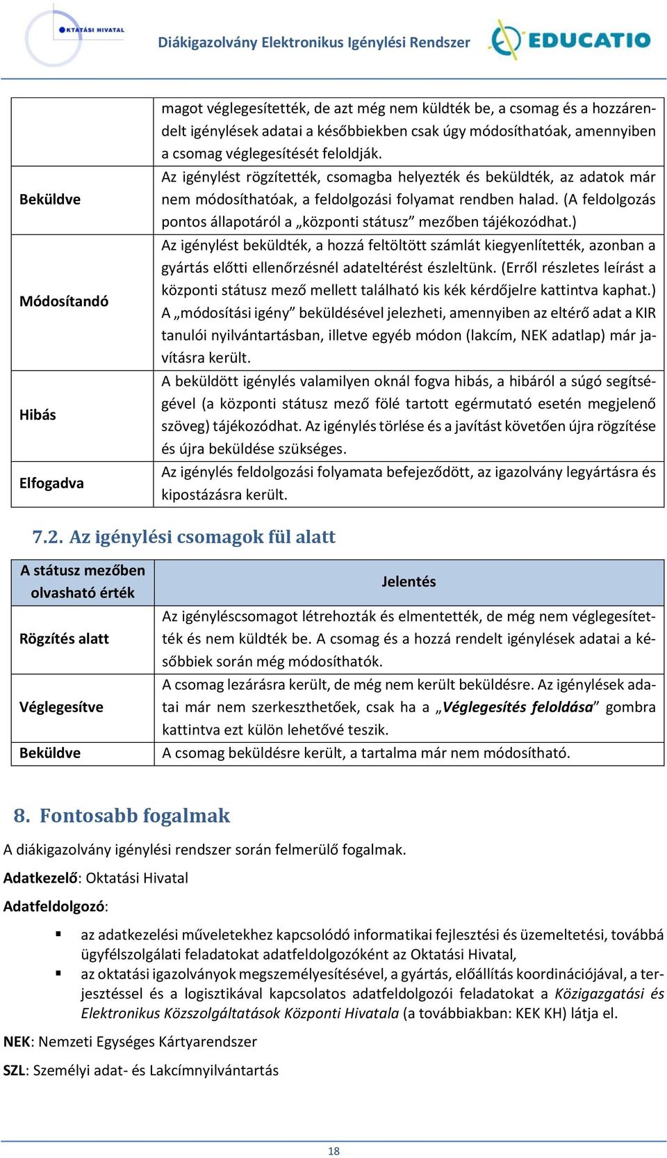 (A feldolgozás pontos állapotáról a központi státusz mezőben tájékozódhat.