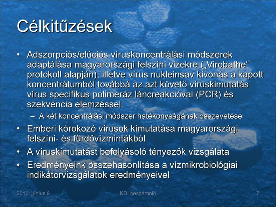 elemzéssel két koncentrálási módszer hatékonyságának összevetése Emberi kórokozó vírusok kimutatása magyarországi felszíni- és fürdővízmintákból