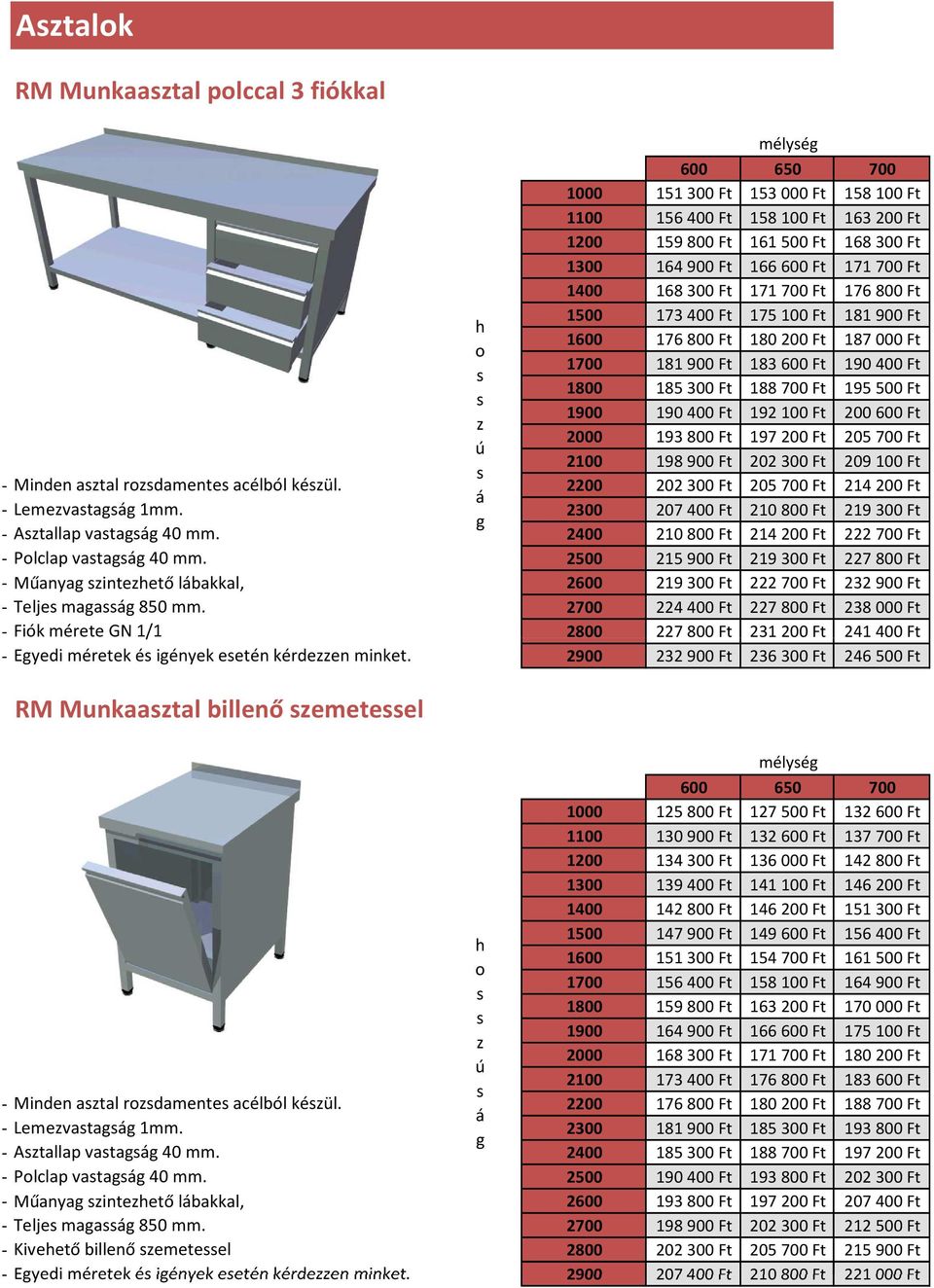 Ft z 2000 193800 Ft 197200 Ft 205700 Ft ú 2100 198900 Ft 202300 Ft 209100 Ft - Minden aztal rozdamente acélból kézül. 2200 202300 Ft 205700 Ft 214200 Ft á - Lemezvatagág 1mm.