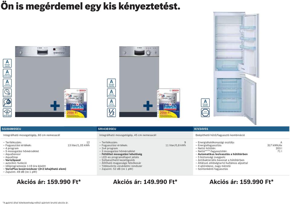 Beépíthető hűtő/fagyasztó kombináció Terítékszám: 12 Fogyasztási értékek: 13 liter/1,05 kwh 4 program 5 mosogatási hőmérséklet quasensor quastop auto3in1 funkció Időprogramozás 1-19 óra között