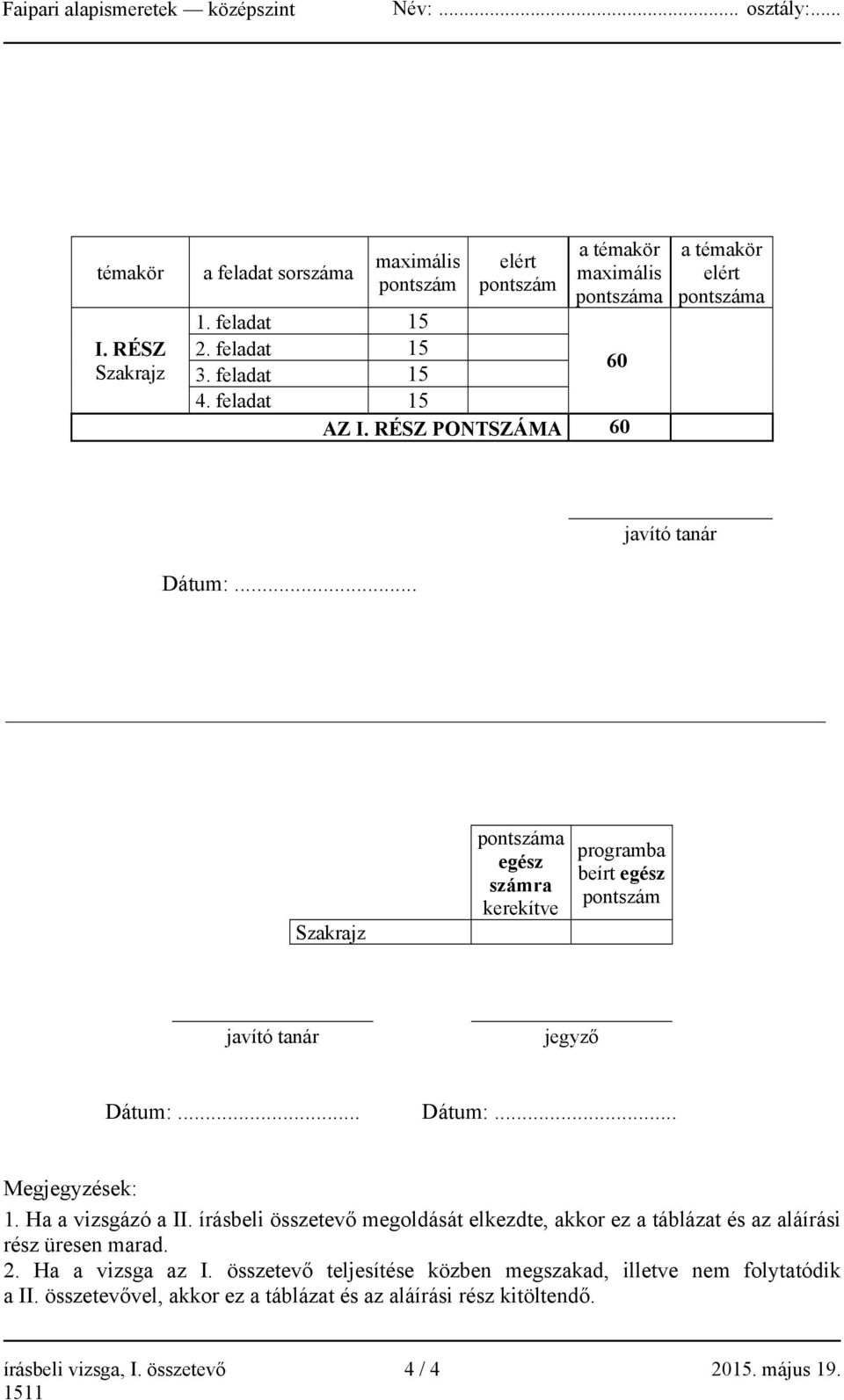.. Dátum:... Megjegyzések: 1. Ha a vizsgázó a II. írásbeli összetevő megoldását elkezdte, akkor ez a táblázat és az aláírási rész üresen marad. 2. Ha a vizsga az I.