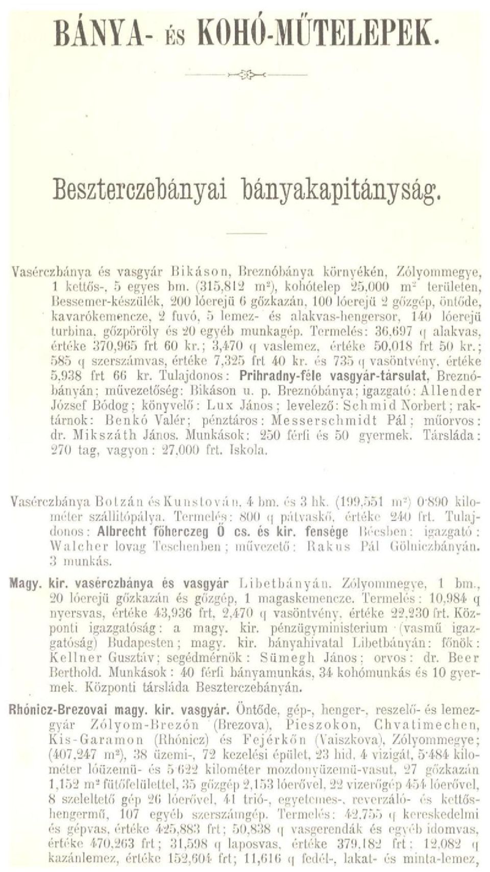 önldde, kavarókemencze, 2 fűvé), 5 hí mez- és alakvas-liengersor, 140 lóerejíi turbina, gó'zpöröly és 20 egyéb munkagép. Termelés: 30,05)7 < alakvas, értéke 370,965 frt 60 kr.