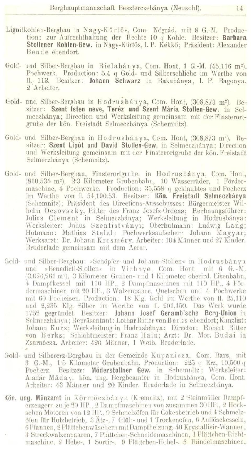 Production: 5.4 q Gold- und Silberschliche im Werthe von il 113. Besitzer: Johann Schwarz in Bakabánya, 1. P. Bagonya. 2 Arbeiter. Gold- und Silber-Bergbau in II od ms bánya, Com.