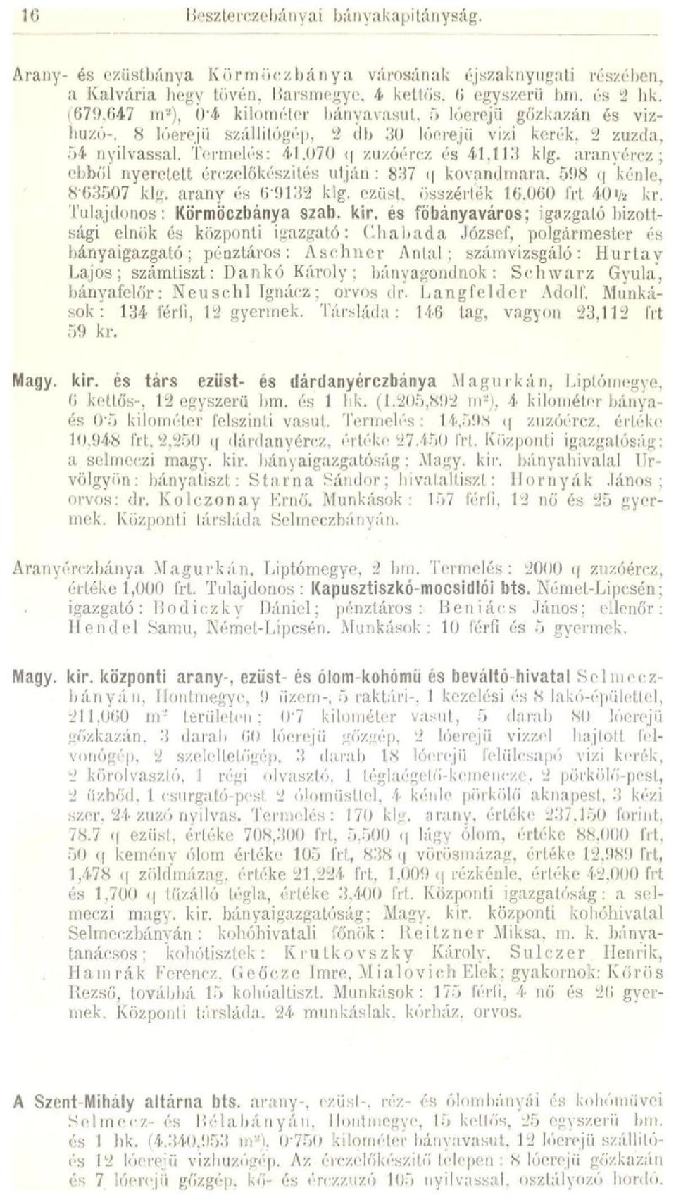 aranyércz; éhből nyerelclt érczelőkészifés utján: 837 < kovandmara. 5í)8 q kénle, 8*63507 klg. arany és 6'9132 klg. ezüst, összérték 16,060 írt 40Va kr. Tulajdonos: Körmöczbánya szab. kir.